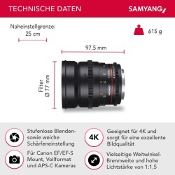 Samyang 24 mm f/1.5 Video DSLR II laajakulmaobjektiivi Canon EF, manuaalinen tarkennus, musta