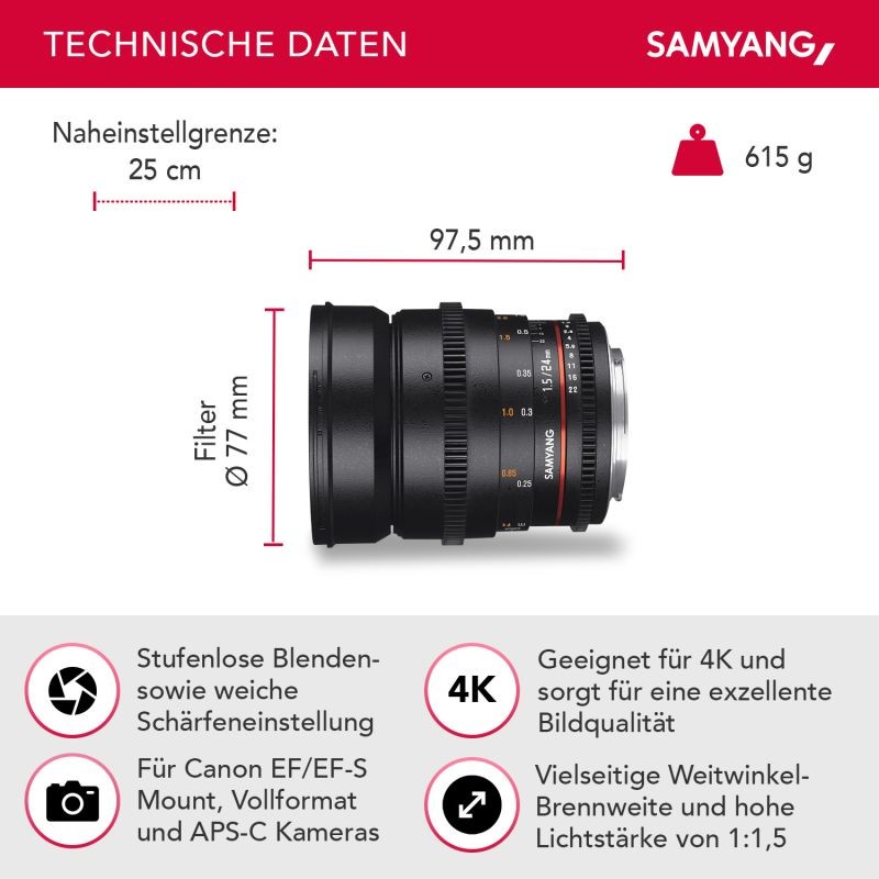 Samyang 24 mm f/1.5 Video DSLR II laajakulmaobjektiivi Canon EF, manuaalinen tarkennus, musta