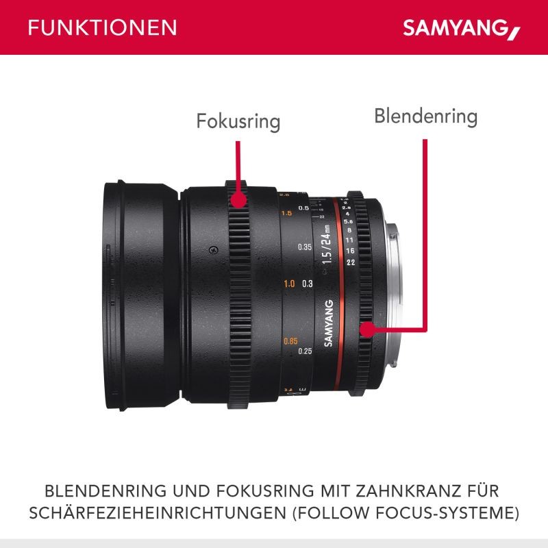 Samyang 24 mm f/1.5 Video DSLR II laajakulmaobjektiivi Canon EF, manuaalinen tarkennus, musta