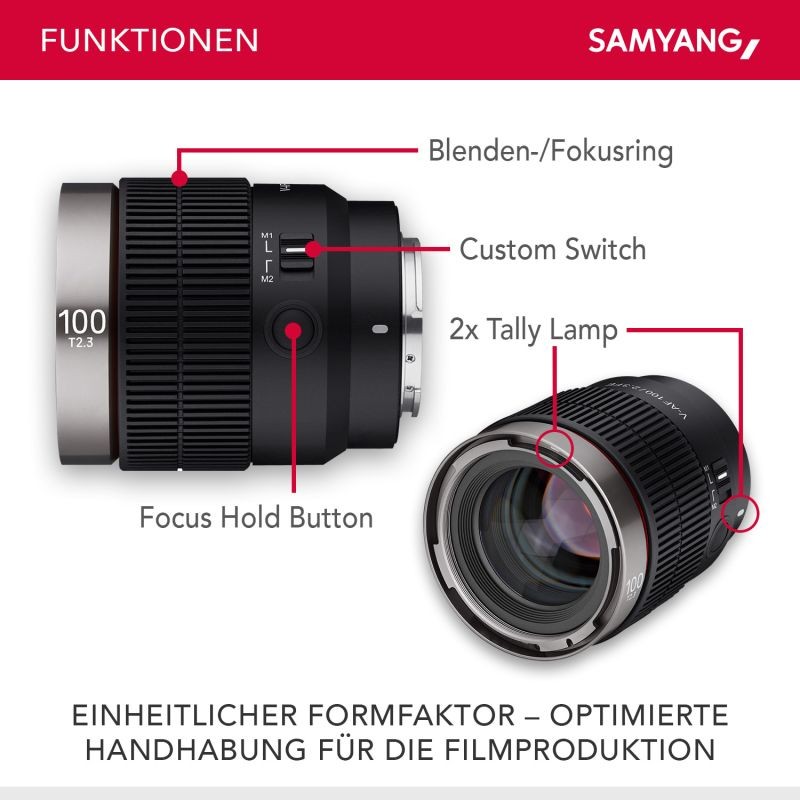 Samyang V-AF 100 mm T2,3 video-objektiivi Sony E / FE, autofokus, 8K-tuki