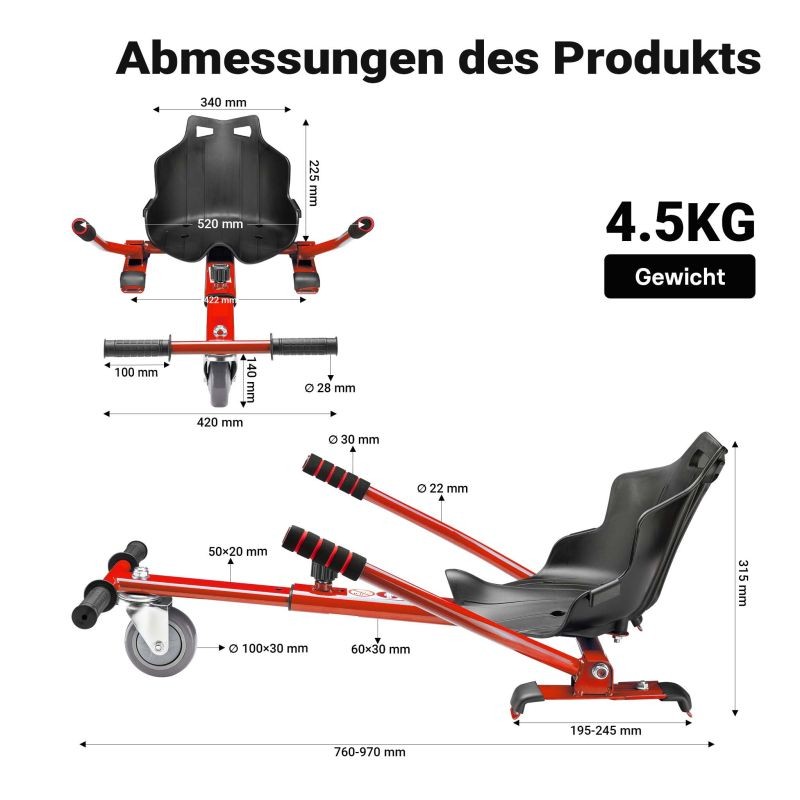 Säädettävä istuinkartti hoverboardille, punainen, ergonominen istuin, max 120 kg
