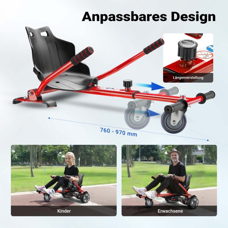 Säädettävä istuinkartti hoverboardille, punainen, ergonominen istuin, max 120 kg