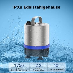 Ruostumaton suihkulähdepumppu 50 W 1750 l/h, max. suihkun korkeus 1,6 m, 3 suutinta
