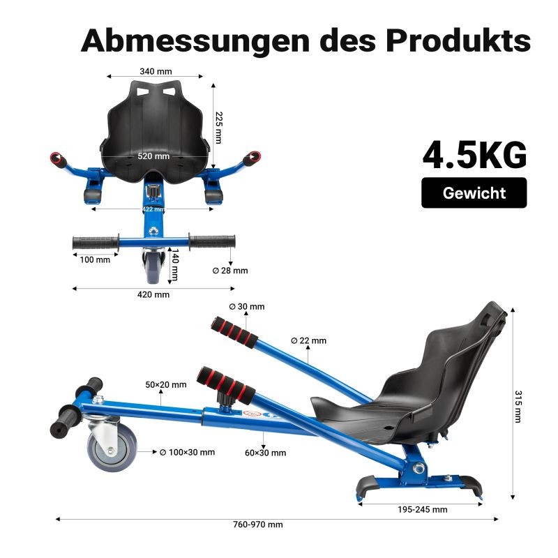 Säädettävä hoverboard-istuin, sininen, max 120 kg