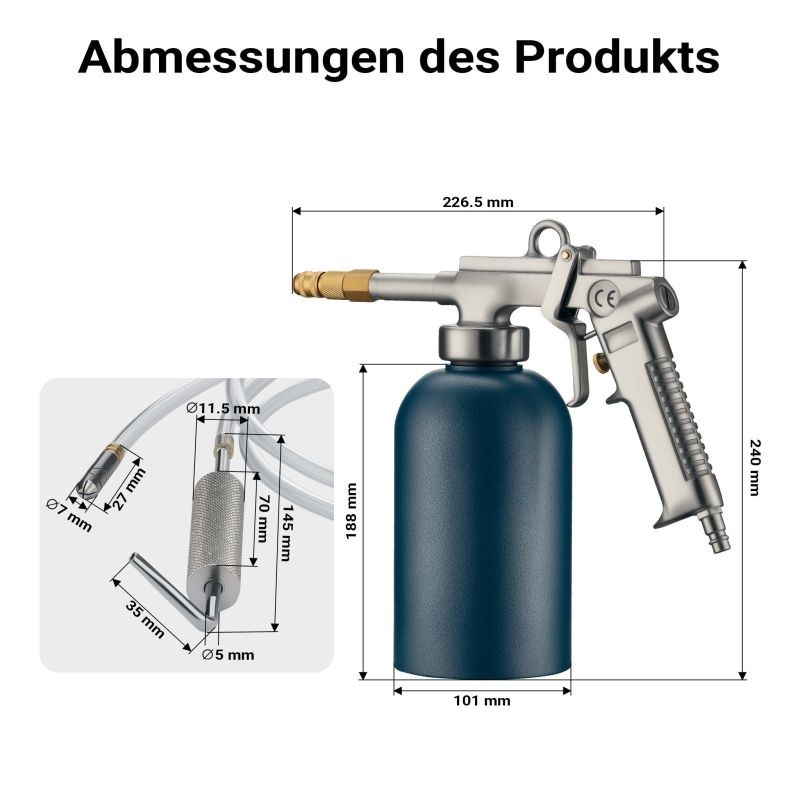 Painesäiliöllinen ruiskupistooli 1100 ml 4-6 bar alumiini, koukku- ja pyörösuuttimet