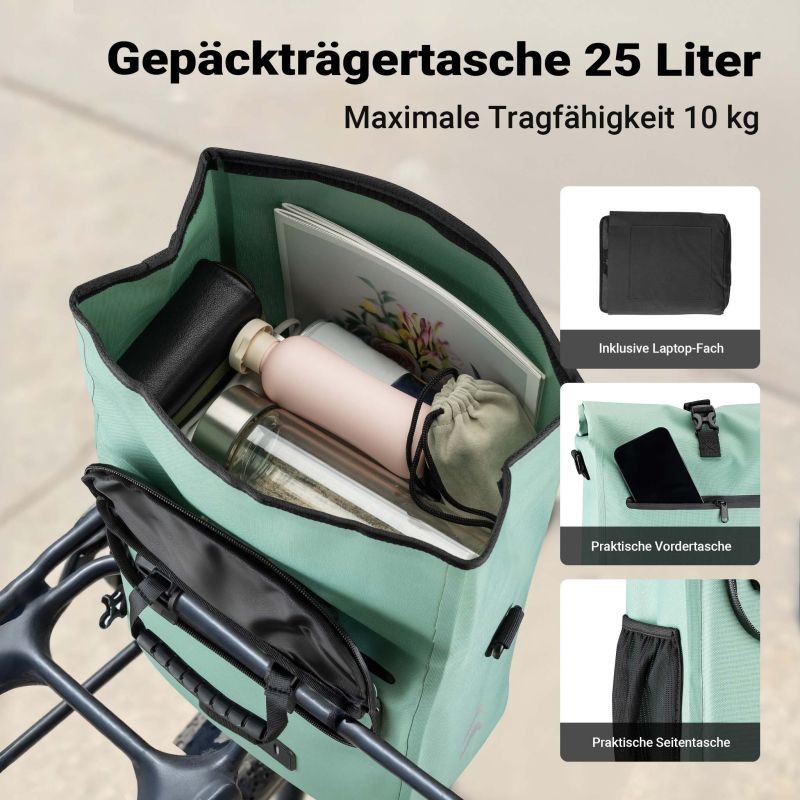 Pyörän tavaratelineen laukku ja reppu, 25 l, mintunvihreä, vedenkestävä, läppäritasku