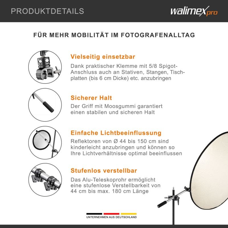 Walimex pro Heijastinpitelin, teleskooppivarsi 44-150 cm, 1800 x 100 x 100 mm, kuljetuslaukku