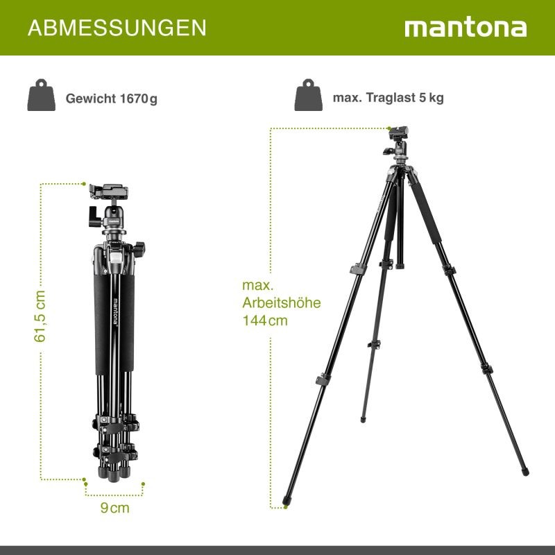 Mantona Basic Scout alumiininen matkajalusta kuulapäällä, kantavuus 5 kg
