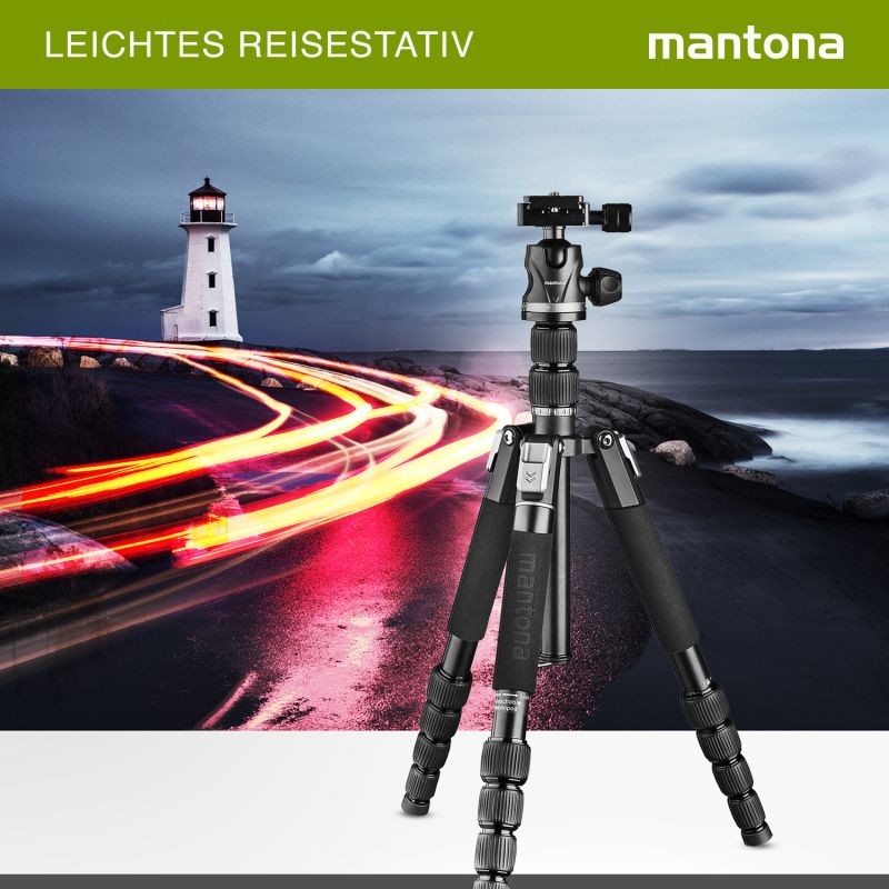 Mantona DSLM Travel Evolution 225 matkajalusta, 147 cm, 8 kg, alumiini, pallopää ja yksijalkafunktio