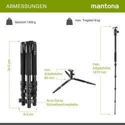 Mantona DSLM Travel Evolution 225 matkajalusta, 147 cm, 8 kg, alumiini, pallopää ja yksijalkafunktio