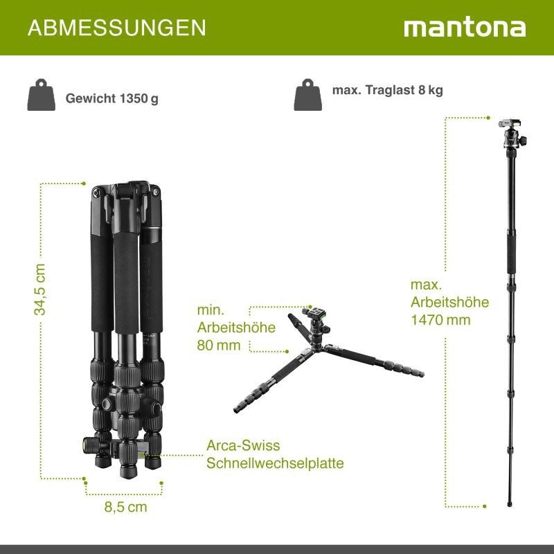 Mantona DSLM Travel Evolution 225 matkajalusta, 147 cm, 8 kg, alumiini, pallopää ja yksijalkafunktio