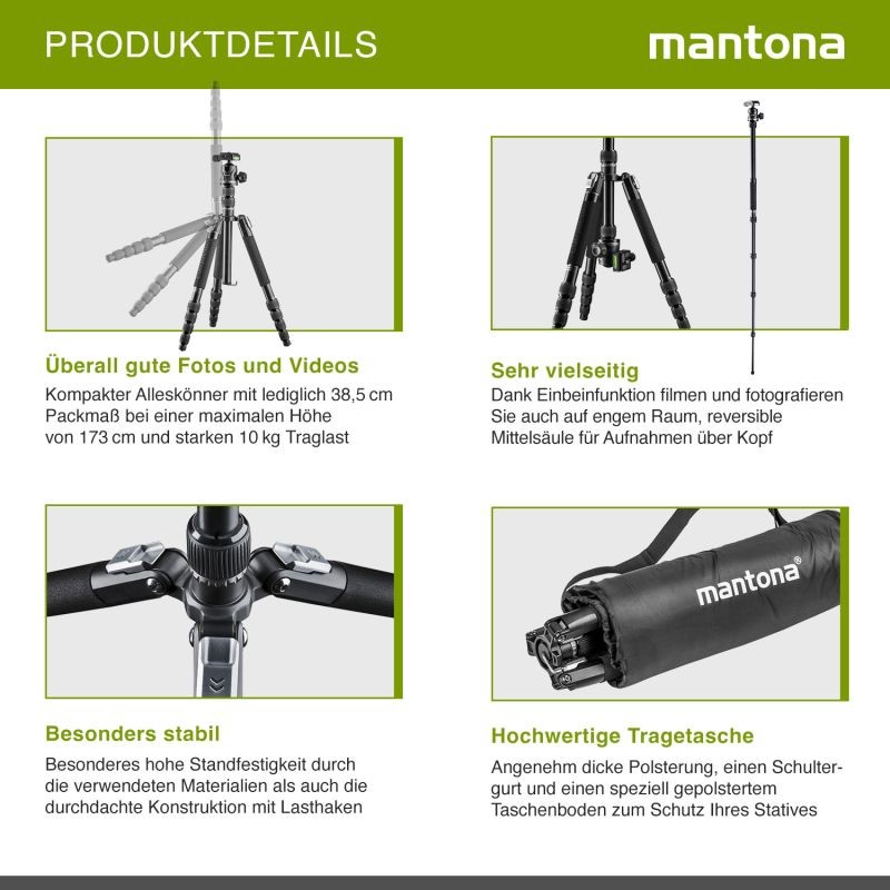 Mantona DSLM Travel Evolution Max 2552-RA alumiininen matkajalka panoraamapallopäällä