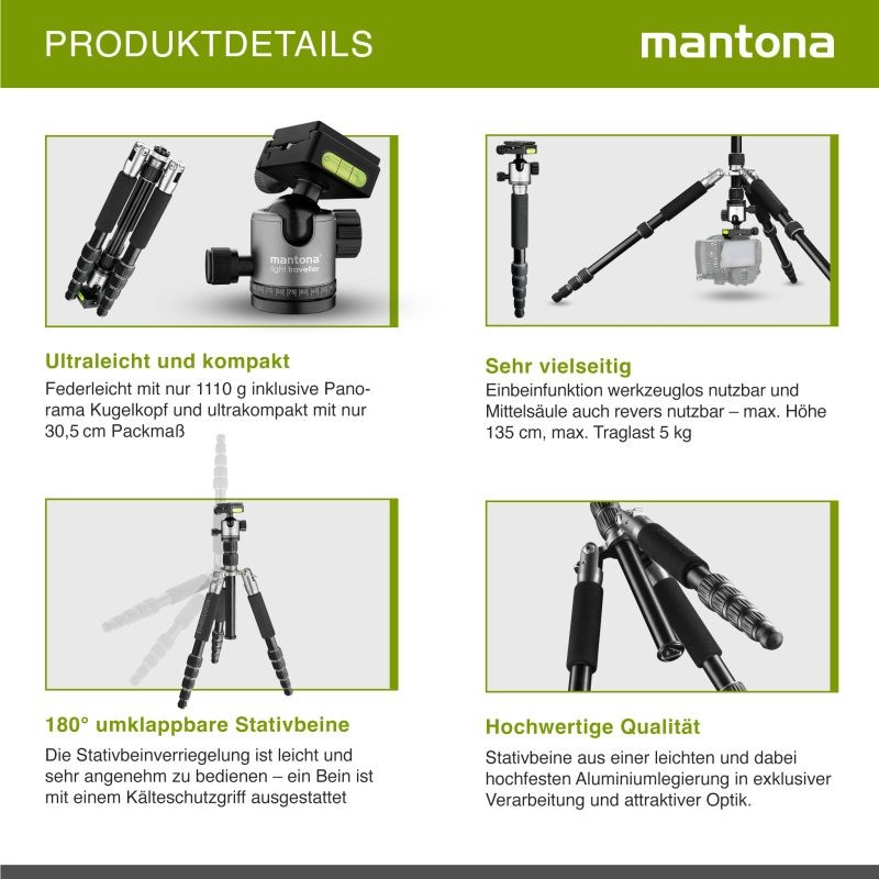 Mantona Light Traveller kamerajalusta 131,5 cm, alumiini, musta/harmaa, 5 kg kantavuus, pallopää ja monopodi