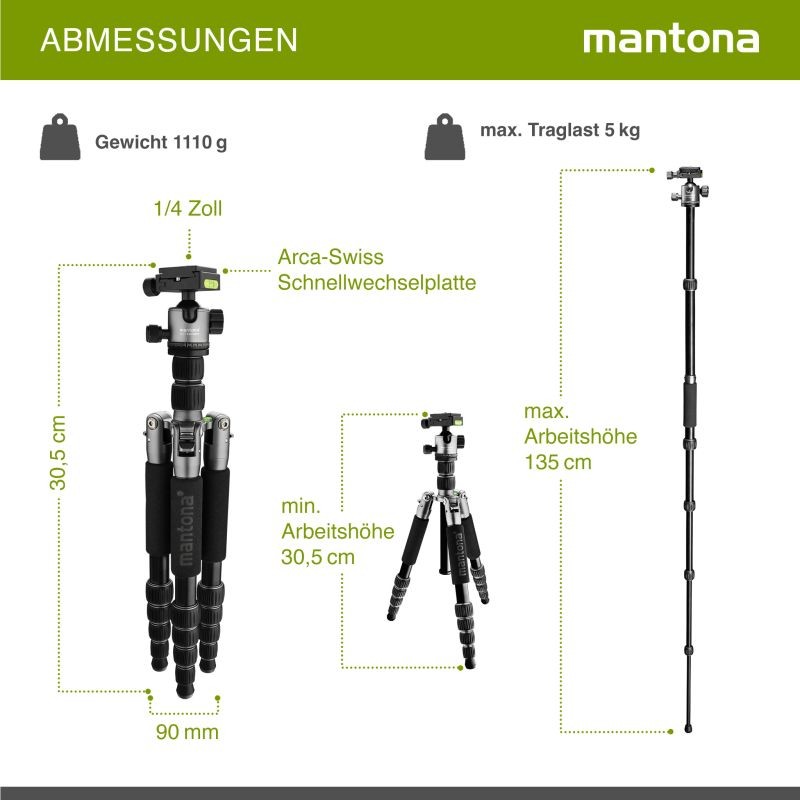 Mantona Light Traveller kamerajalusta 131,5 cm, alumiini, musta/harmaa, 5 kg kantavuus, pallopää ja monopodi