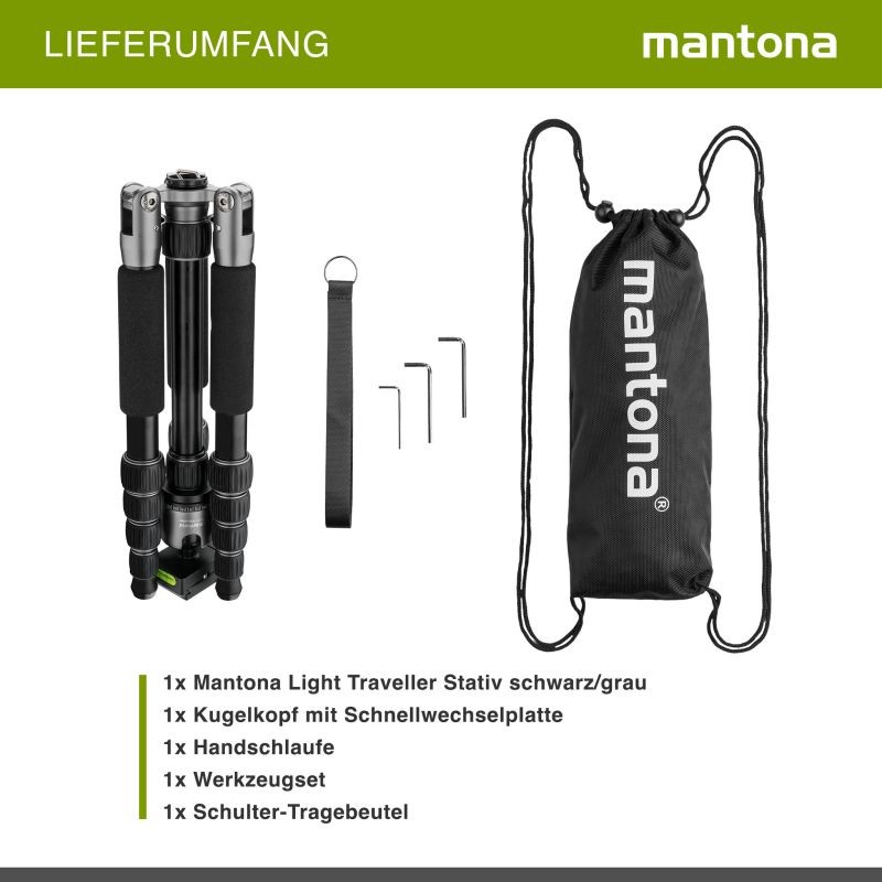 Mantona Light Traveller kamerajalusta 131,5 cm, alumiini, musta/harmaa, 5 kg kantavuus, pallopää ja monopodi