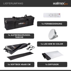 Walimex pro LED valaistussetti 60 W Bi Color softbox 40 x 60 cm diffuuseri ja kaukosäädin