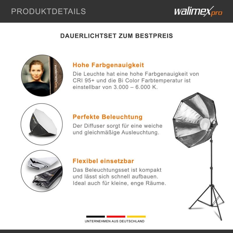 Walimex pro Octagon-softbox studiovalaistussetti, 60 W Bi-Color LED, 65 cm, 3000-6000 K, kaukosäädin