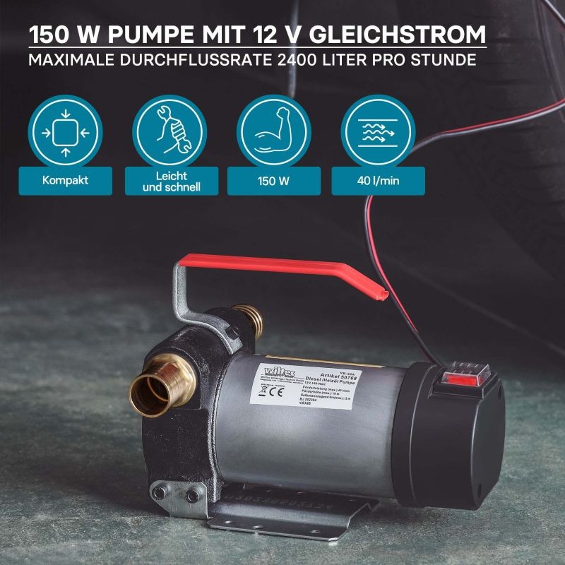 Siirrettävä diesel-, biodiesel- ja lämmitysöljypumppu 12 V, 150 W, 40 l/min, itseimevä