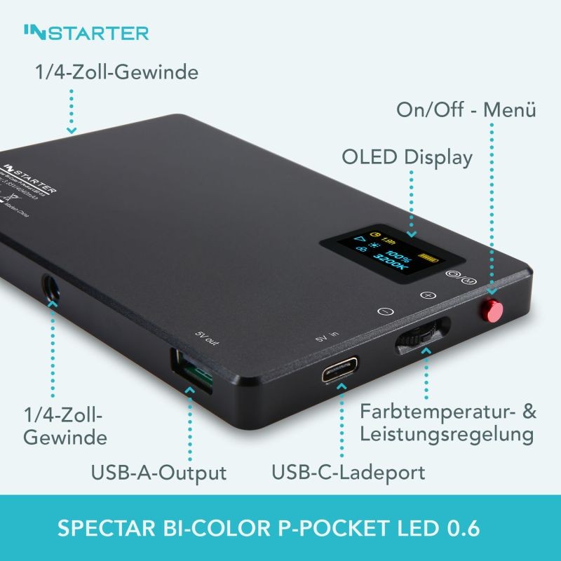 Instarter Spectar Bi-Color P-Pocket LED 0.6 LED-videovalo 9 W, diffuusori ja Powerbank-toiminto