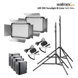 Walimex pro LED 500 Versalight Bi Color LED-paneelivalaisinsetti, 2 kpl, 2x jalusta 260 cm, 4x akku, 32 W