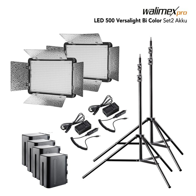 Walimex pro LED 500 Versalight Bi Color LED-paneelivalaisinsetti, 2 kpl, 2x jalusta 260 cm, 4x akku, 32 W