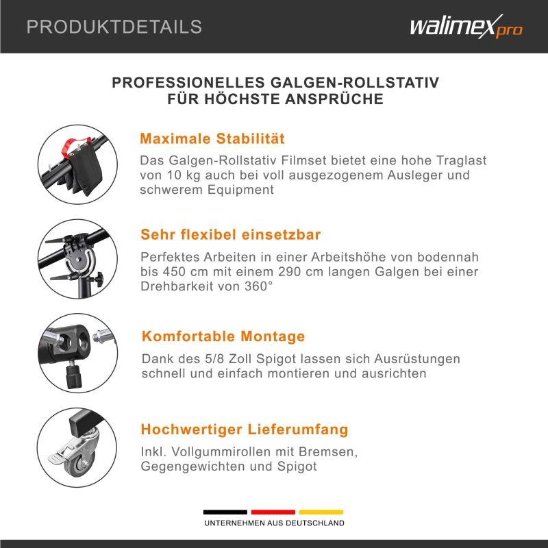 Walimex pro Puomijalka pyörillä, 140–450 cm, puomivarsi 290 cm, musta