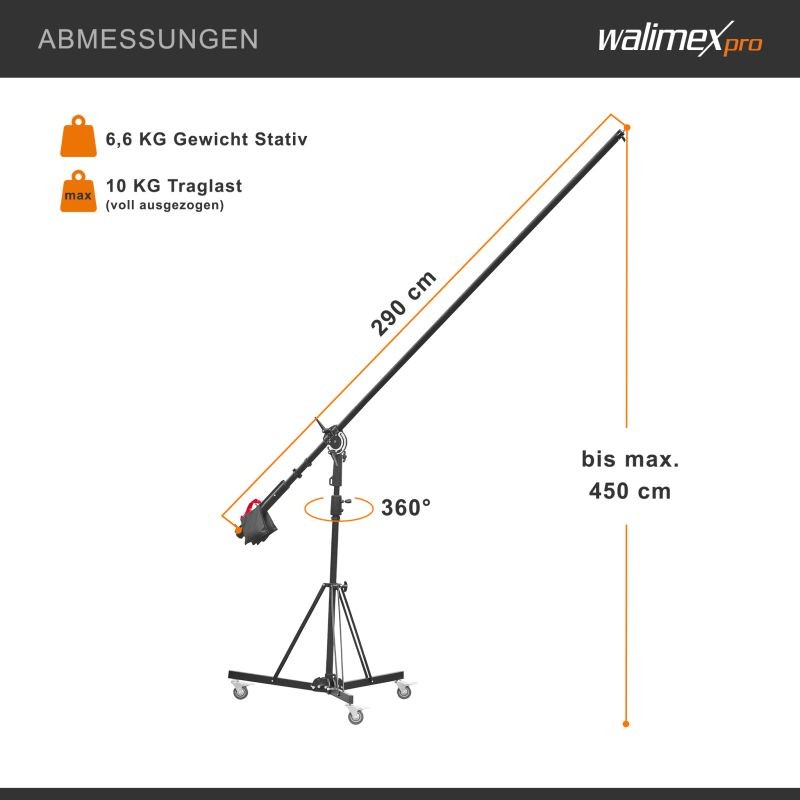 Walimex pro Puomijalka pyörillä, 140–450 cm, puomivarsi 290 cm, musta