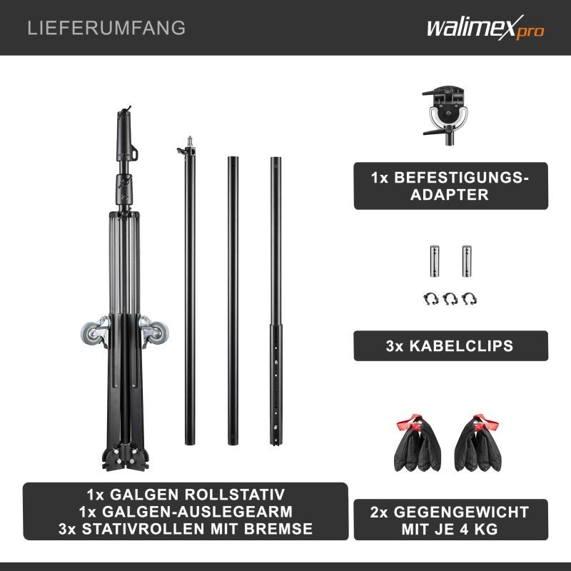 Walimex pro Puomijalka pyörillä, 140–450 cm, puomivarsi 290 cm, musta