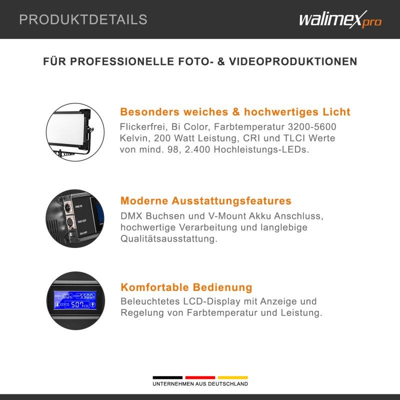 Walimex pro Soft LED 1400 Bi Color Square LED-paneelivalo 100 W, säädettävä värilämpötila, DMX, V-Mount