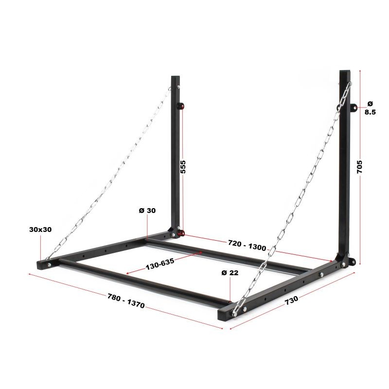 Seinään kiinnitettävä rengasteline 4 renkaalle, säädettävä leveys, 1370 x 730 x 705 mm, 130 kg, teräs, musta