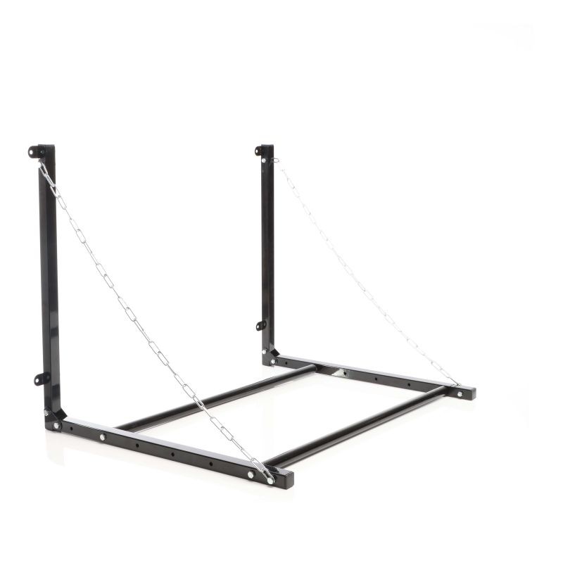 Seinään kiinnitettävä rengasteline 4 renkaalle, säädettävä leveys, 1370 x 730 x 705 mm, 130 kg, teräs, musta