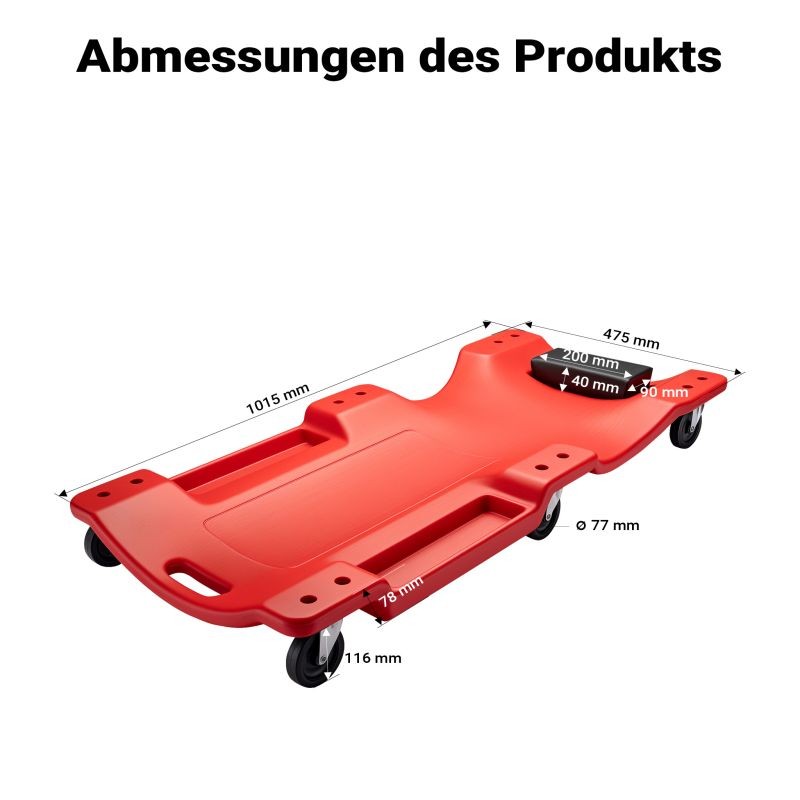 Korjausmakaaja 1015 x 475 x 116 mm, 180 kg, polyeteeni, irrotettava niskatuki ja työkalulokerot