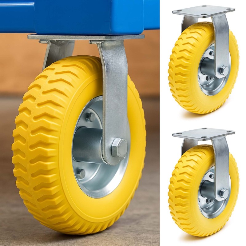 Kuljetuspyöräsarja 2 kpl, Ø225 mm x 58 mm, max. 100 kg/kpl, keltainen, PU-umpiokumi, kiinteä pidike