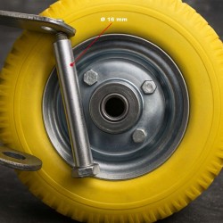 Kuljetuspyöräsarja 2 kpl, Ø225 mm x 58 mm, max. 100 kg/kpl, keltainen, PU-umpiokumi, kiinteä pidike
