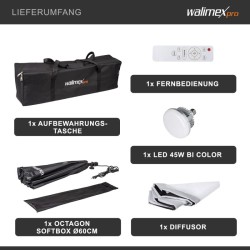 Walimex pro Octagon softbox setti 45 W LED valo 3000 6000 K 65 cm kaukosäädin