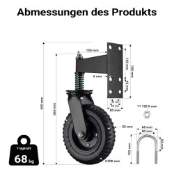 Porttipyörä liuku- ja puutarhaportille, 200 mm kumipyörä, 275 kg, 360° kääntyvä, jauhemaalattu teräs, musta