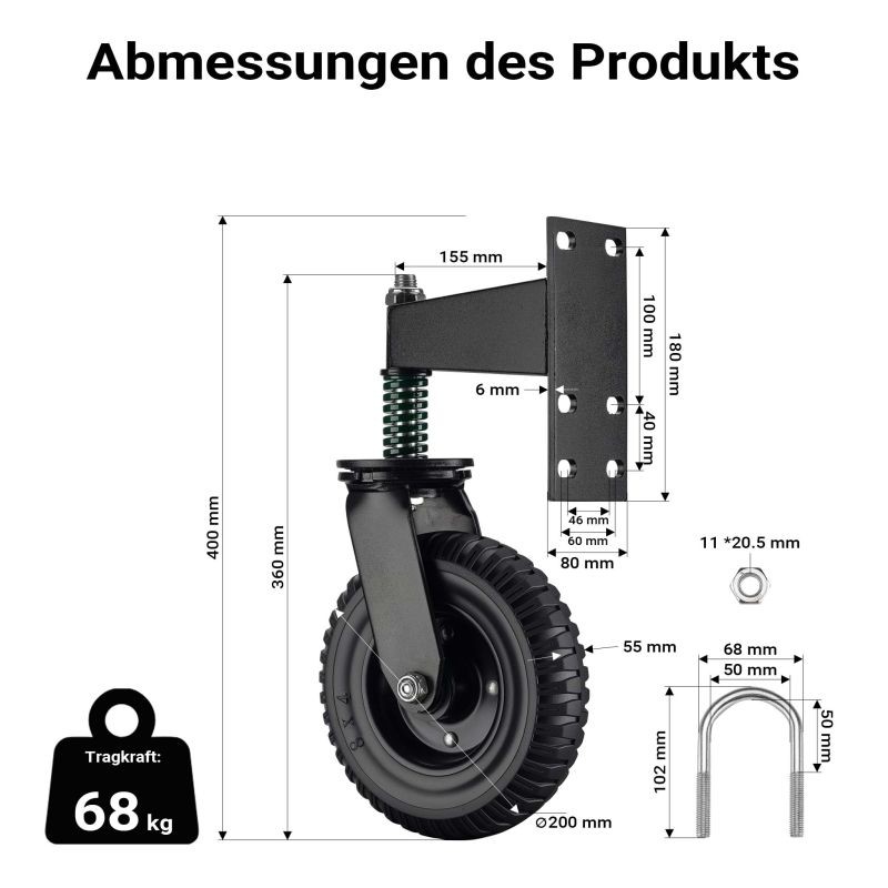 Porttipyörä liuku- ja puutarhaportille, 200 mm kumipyörä, 275 kg, 360° kääntyvä, jauhemaalattu teräs, musta