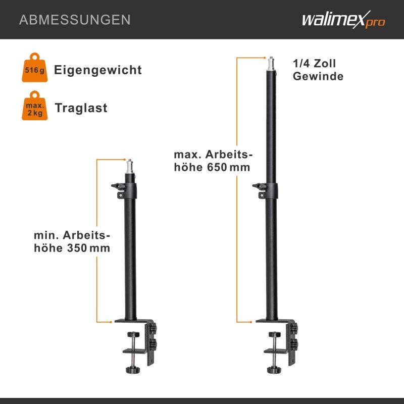 Walimex pro pöytäjalustasetti 2 kpl, 35-65 cm, pallopää ja pöytäkiinnike, musta