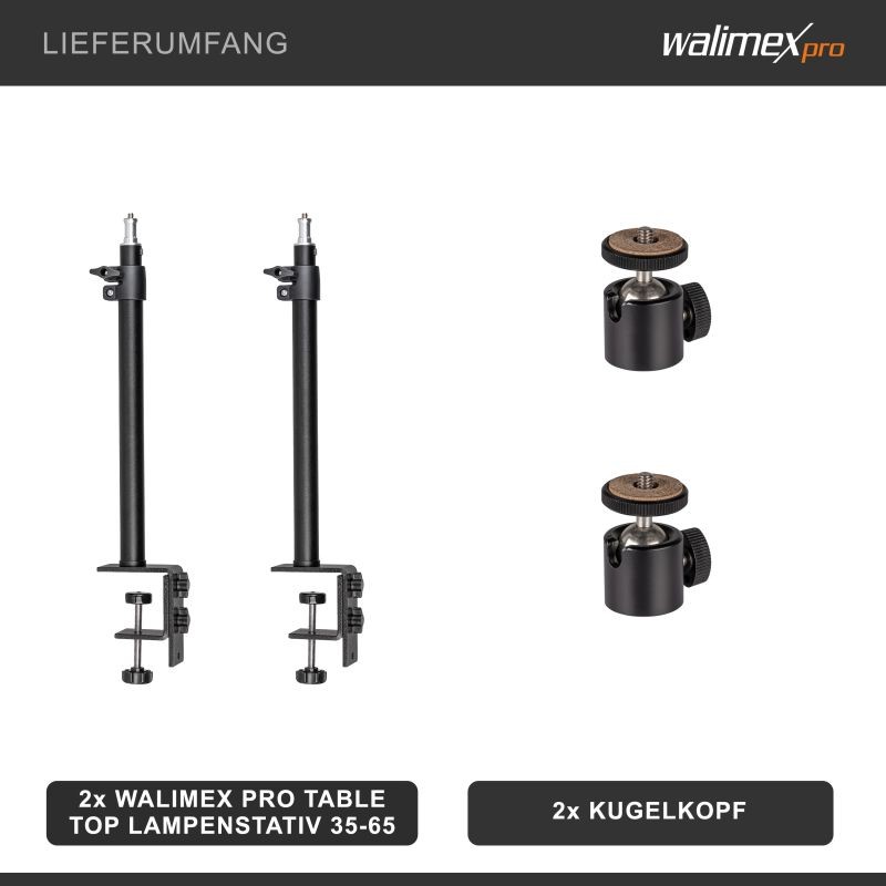 Walimex pro pöytäjalustasetti 2 kpl, 35-65 cm, pallopää ja pöytäkiinnike, musta
