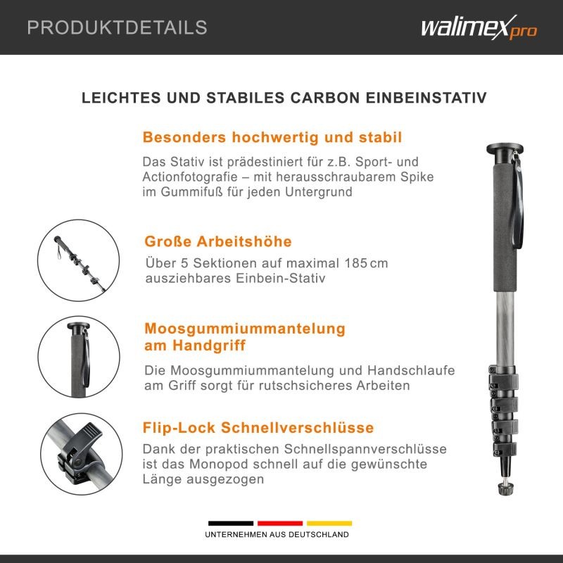 Walimex pro WAL-1983 Carbon-Pro hiilikuitumonopodi 185 cm, max. kantavuus 5 kg