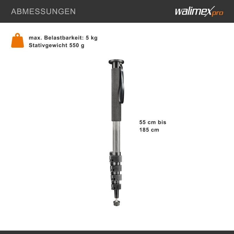 Walimex pro WAL-1983 Carbon-Pro hiilikuitumonopodi 185 cm, max. kantavuus 5 kg