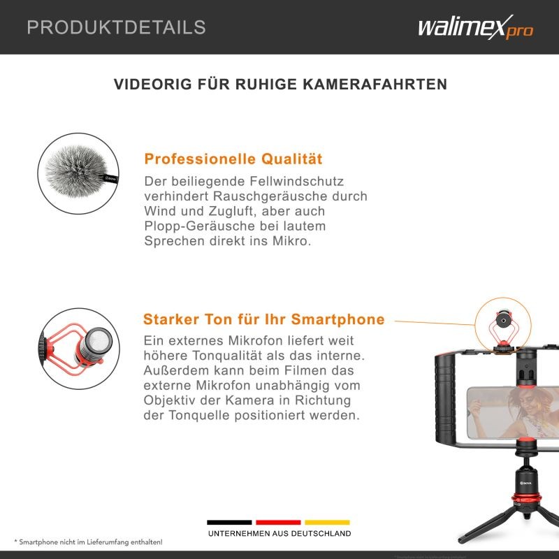 Walimex pro Boya VG380 videopaketti älypuhelimille, mikrofonilla ja jalustalla, musta, 2 kg kantavuus