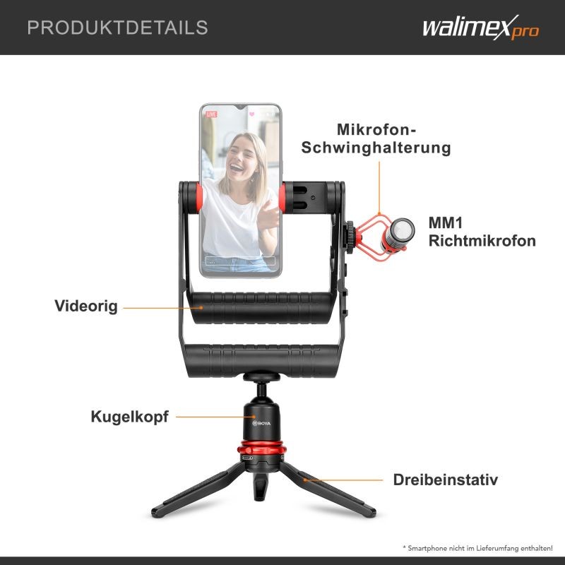 Walimex pro Boya VG380 videopaketti älypuhelimille, mikrofonilla ja jalustalla, musta, 2 kg kantavuus