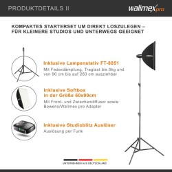 Walimex pro Newcomer 100 II studiosalamasetti 2 kpl, softboxit 60x90 cm, valojalustat ja langaton laukaisin