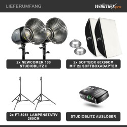 Walimex pro Newcomer 100 II studiosalamasetti 2 kpl, softboxit 60x90 cm, valojalustat ja langaton laukaisin