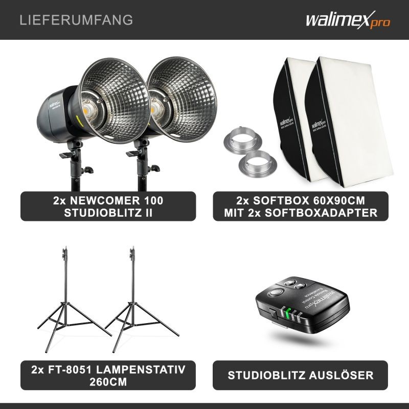 Walimex pro Newcomer 100 II studiosalamasetti 2 kpl, softboxit 60x90 cm, valojalustat ja langaton laukaisin