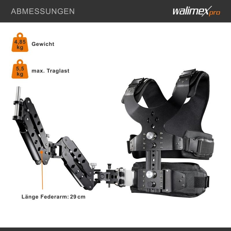 Walimex pro StabyBalance II -stabilointijärjestelmä, liivi ja 2 jousivartta, max. 5,5 kg
