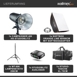 Walimex pro Campaigner 400 HS -studiovalaistussetti, 400 Ws, softbox 60 x 90 cm, valojalka ja kuljetuslaukku