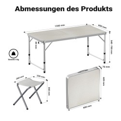 Taittuva camping-kalustesarja 5 kpl, korkeussäädettävä pöytä 120 x 60 cm ja 4 tuolia, alumiini, valkoinen
