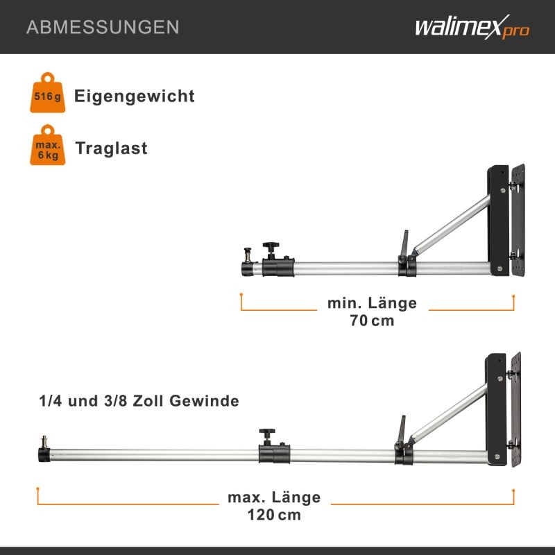 Walimex pro seinäkiinnitteinen valaisinjalka studiovalaistukseen 70-120 cm, musta/hopea, max. 6 kg